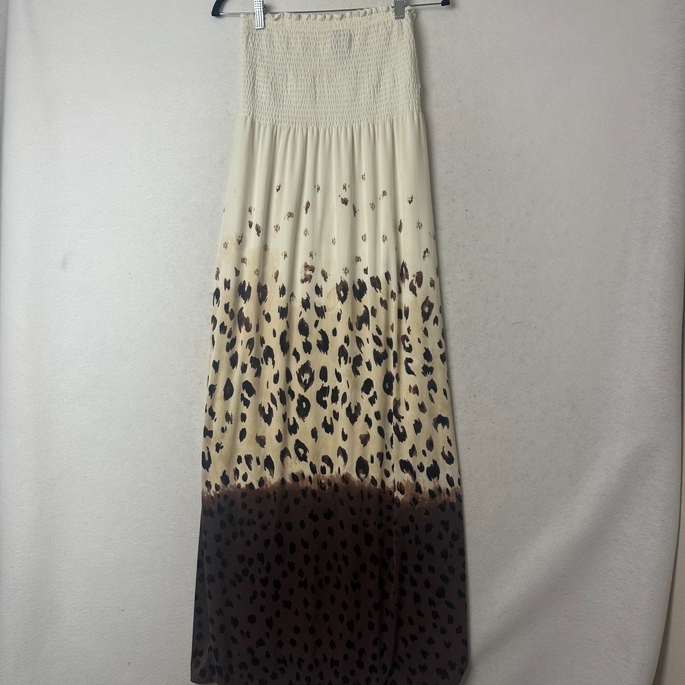 Strapless‎ Smocked Animal Print Maxi Dress Ivory Brown Leopard Ombre Medium
